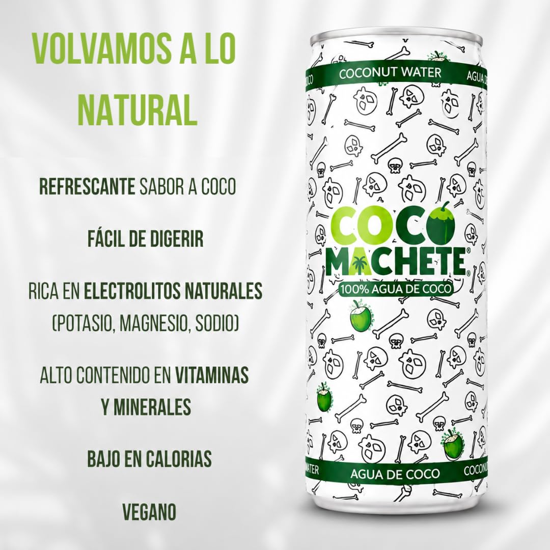 Coco Machete® Agua de Coco Natural 100% | Pack 24 Latas x 310 ml | Agua Coco Sin Azúcares Añadidos ni Conservantes | Hidratación Natural | Bebida de Coco Refrescante