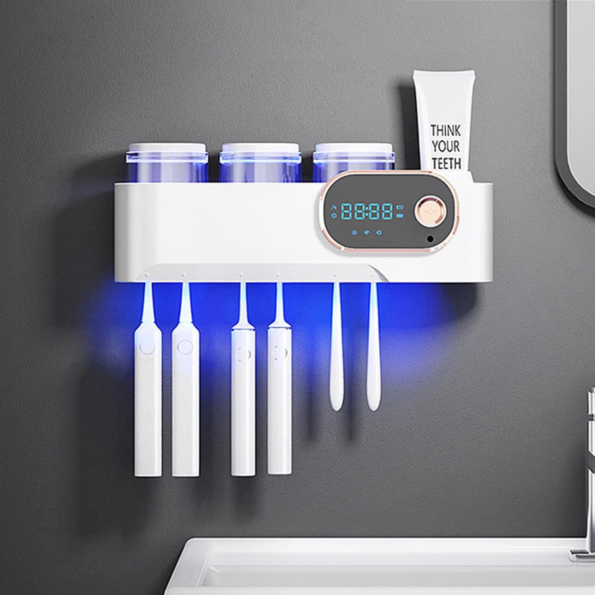 LANMOU Sterilizzatore Portaspazzolino UV Montaggio a Parete Sterilizzatore con Funzione di Sterilizzazione e Asciugatura Sterilizzatore per Spazzolini da Denti a Induzione, 2000mAh (White)