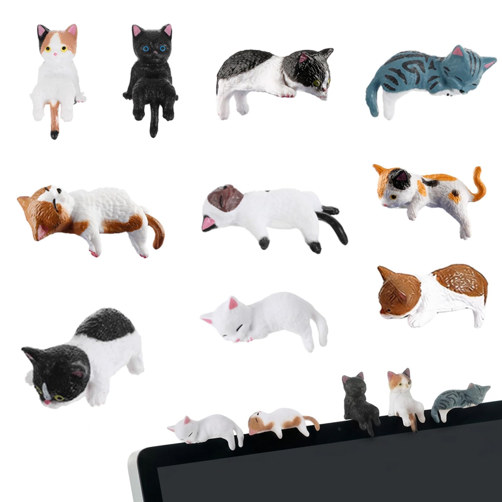 10 Pcs Mini Cat Figurines Set, Cute Resin Cat Desk Decor with Sticky Tabs, Small Cat Ornaments for Car Dashboard, Computer Monitor, Office Desk, Shelf, Home Decor, Cat Lover Gifts for Women Kids