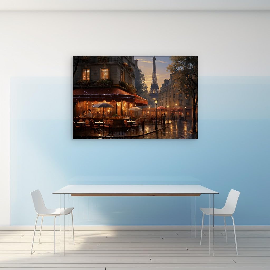 Canvas for Living room. Midnight Serenade in Paris - A Cozy Cafe Under the Eiffel Tower's Glow, 27 x 18 inch Canvas Wall Art - Modern Home Decor