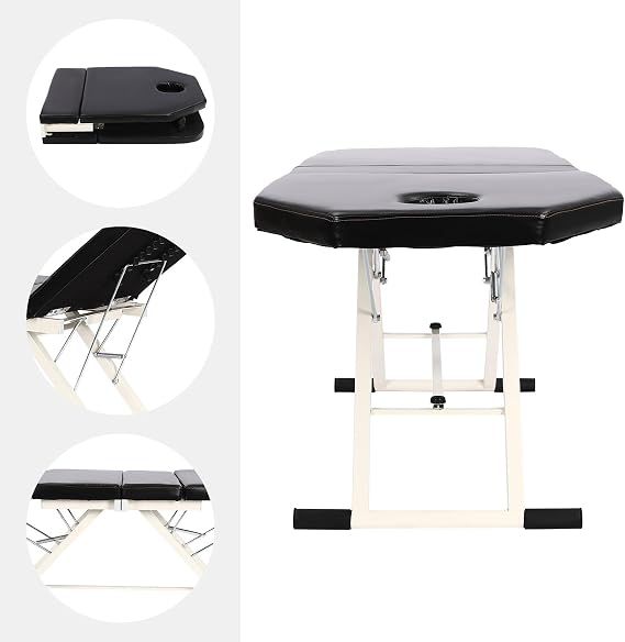 Portable 3-Section Folding Massage Bed, Beauty Chair Therapy Table Salon Couch Recliner with Breathing Sinkhole Pillow Headrest for SPA Tattoo Treatment (Black)