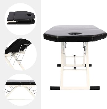 Portable 3-Section Folding Massage Bed, Beauty Chair Therapy Table Salon Couch Recliner with Breathing Sinkhole Pillow Headrest for SPA Tattoo Treatment (Black)