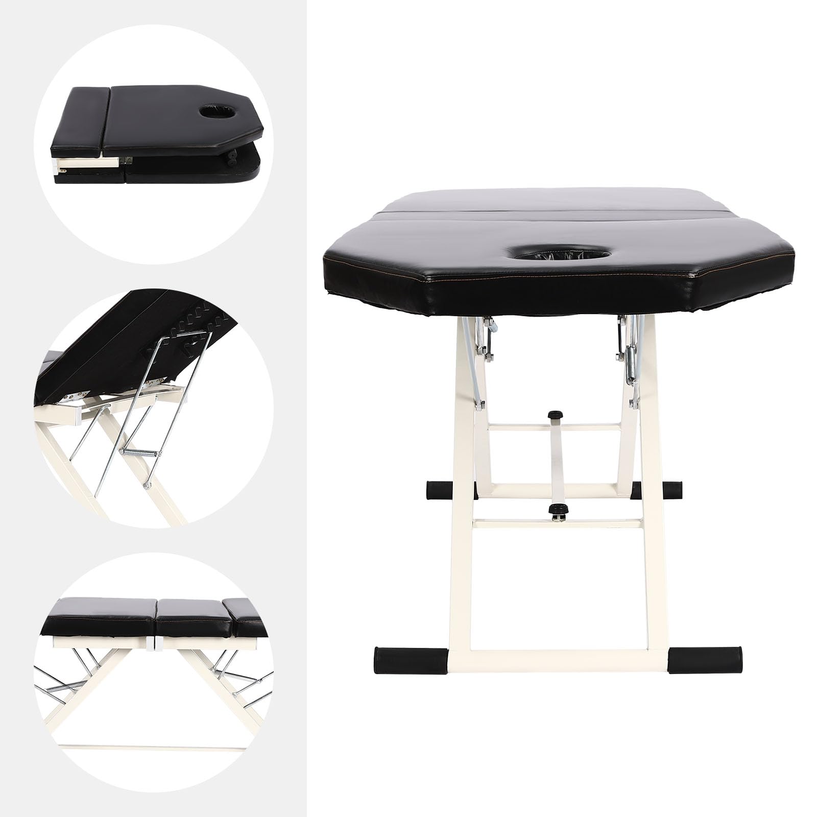 Camilla de masaje plegable con ajustable 70°+45° y almohada, capacidad de carga de 250 kg, portátil, plegable en 3 zonas, para spa, cosméticos, hogar, 182 x 61 x 60 cm, color negro
