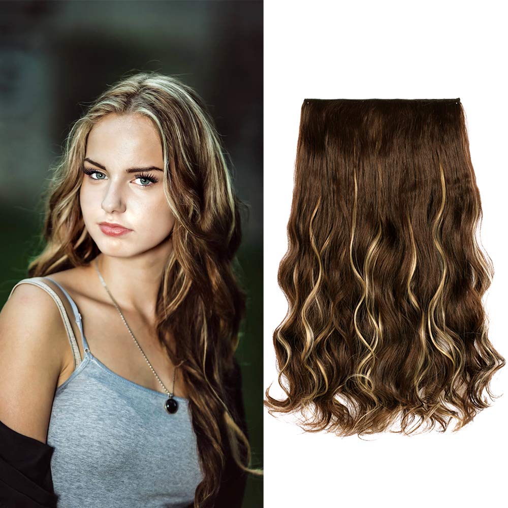 SIADEE Clips in Hair Extensions 24" 1PCS 3/4 Full Head Curly Wave Synthetic Hair Extensions, Reusable Invisible Hairpieces for Women Heat Resistant Fiber with 6 Clips 5.3 Oz per Piece - P8/26