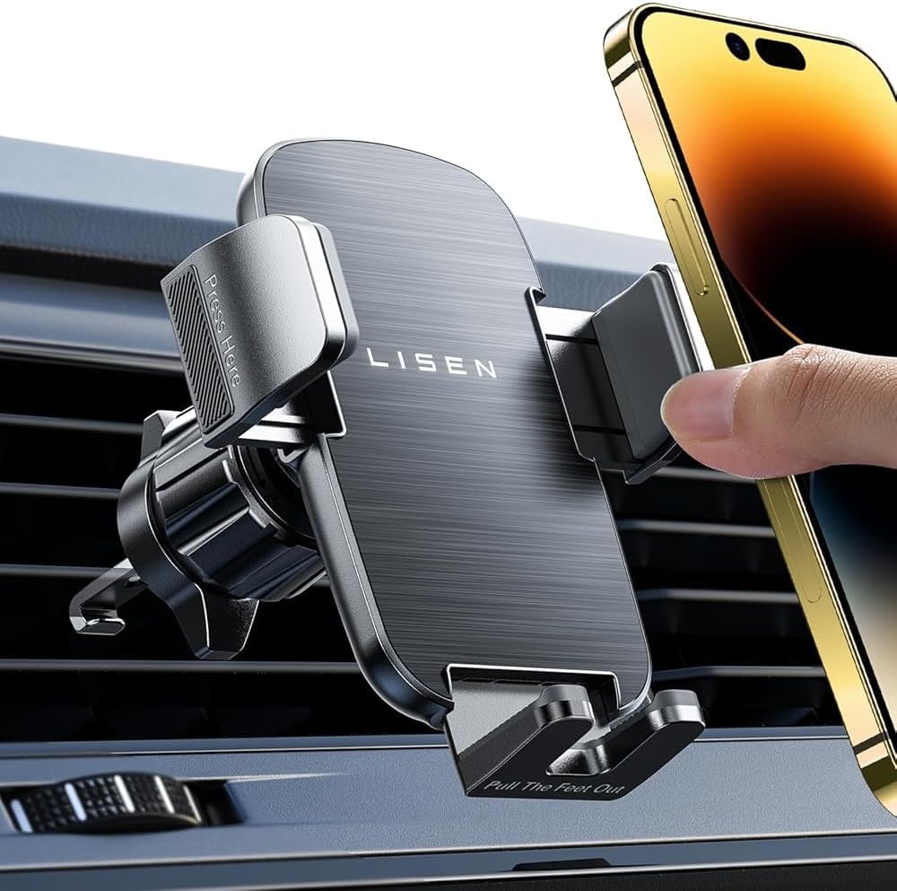 LISEN Car Phone Mount, Phone Holders for Your Car [Thick Cases Friendly] Car Vent Phone Holder & Metal Hook Truck Jeep Accessories for iPhone 17 Air Pro Samsung Google and All 4-7'' Phone