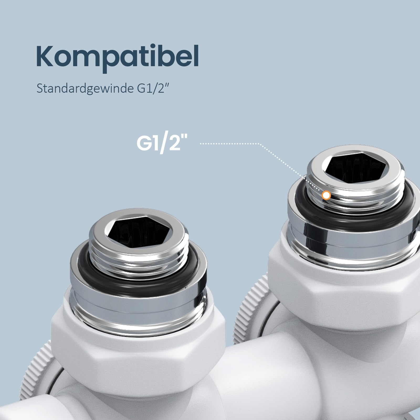 EMKE Multiblock Set für Heizkörper mit Thermostat, Hahnblock Eck und Durchgangsform Ventilhahnblock Mittelanschluss Heizkörperventil mit 50 mm Nabenabstand (φ15mm+16mm Weiß)
