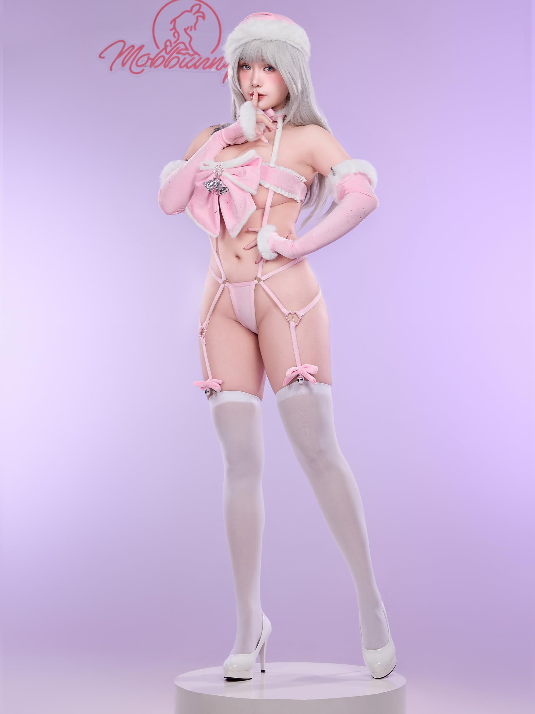 Mobbunny Christmas Sexy Cutout Lingerie Set for Women Rave Outfits Lace-up Strappy Bodysuit with Gloves and Stockings