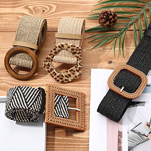Geyoga 4 Pieces Straw Belts for Women Dresses Straw Woven Elastic Stretch Wide Waist Belt with Buckle Boho Braided Dress Belt3