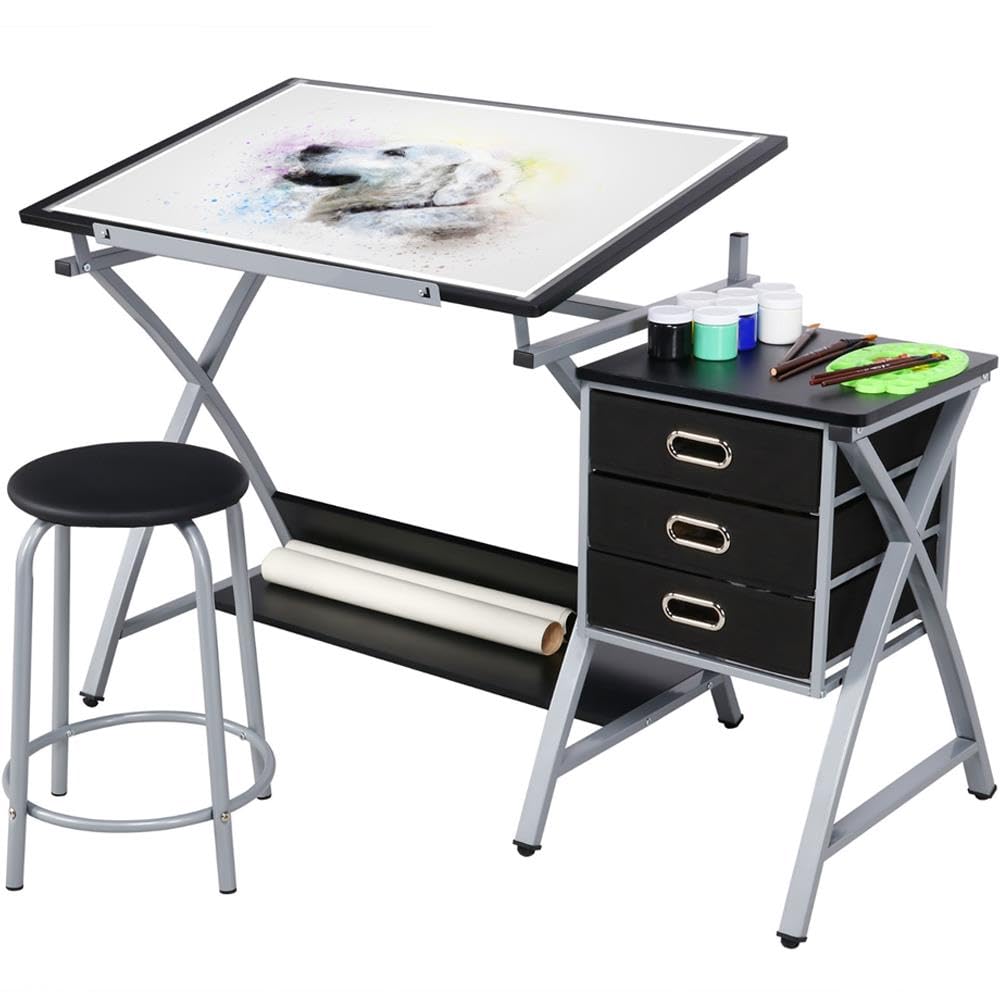 Yaheetech Mesa de Dibujo con Taburetes Mesa Inclinable Altura Ajustable Mesa Escritorio con 3 Cajones para Artista de Pintura Arquitecto