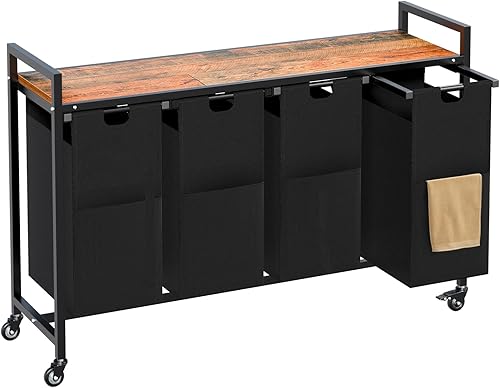 Cesta de lavandería clasificadora de ropa sucia de 4 secciones con ruedas, carrito de lavandería con ruedas, organizador de ropa con estante y 4