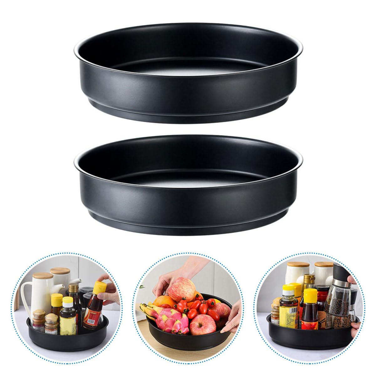 BESPORTBLE 2 Vassoi Porta Spezie Rotanti in Acciaio Inox Nero, Organizer Girevole da Tavolo per Condimenti e Accessori Cucina, Vassoio Portaoggetti Multifunzionale Salvaspazio per Uso