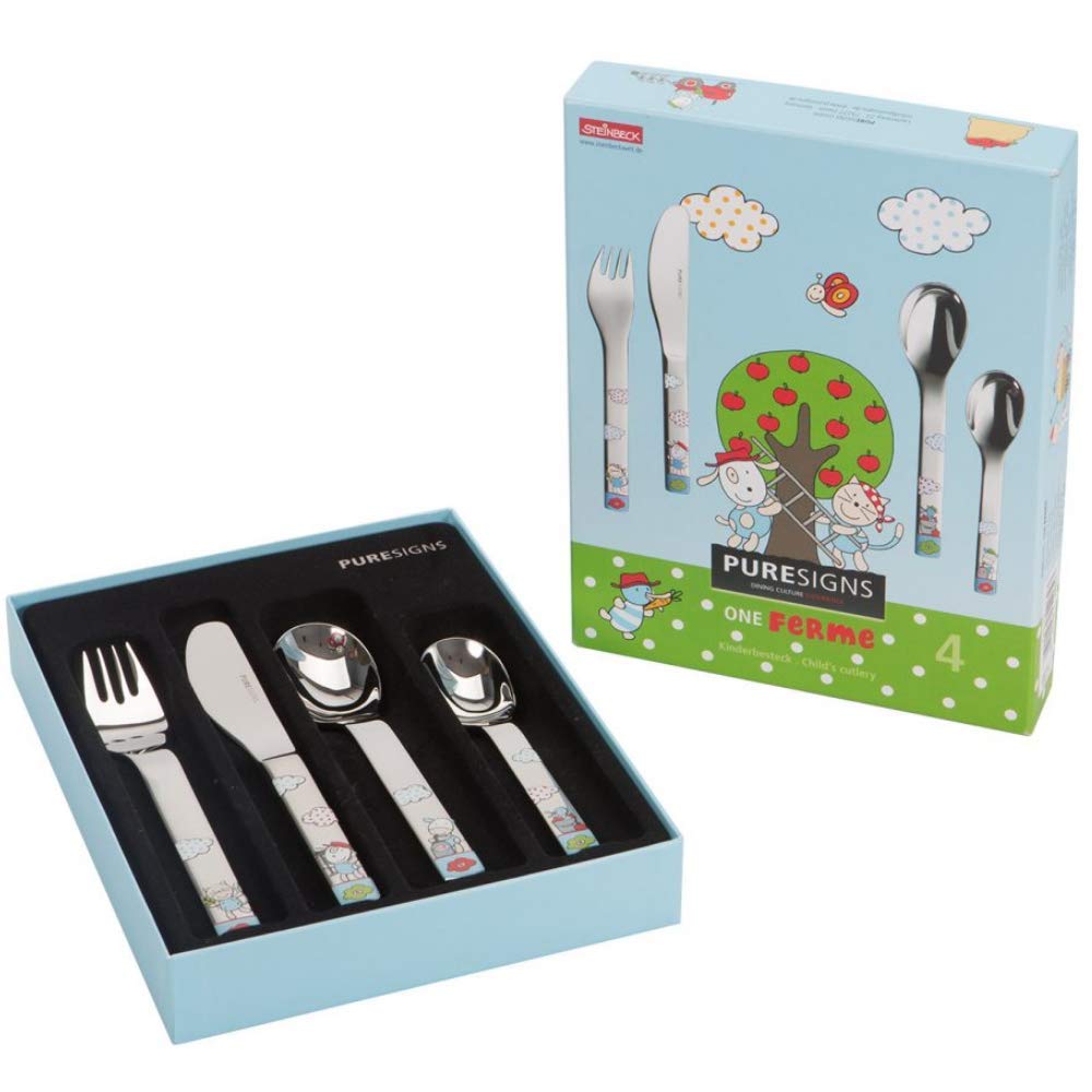Kinderbesteck Bauernhof MIT Gravur (z.B. Namen) Ferme 4tlg. von Puresigns inkl. Namensgravur auf der Rückseite, Taufgeschenke für Mädchen & Jungen Geschenk zur Taufe