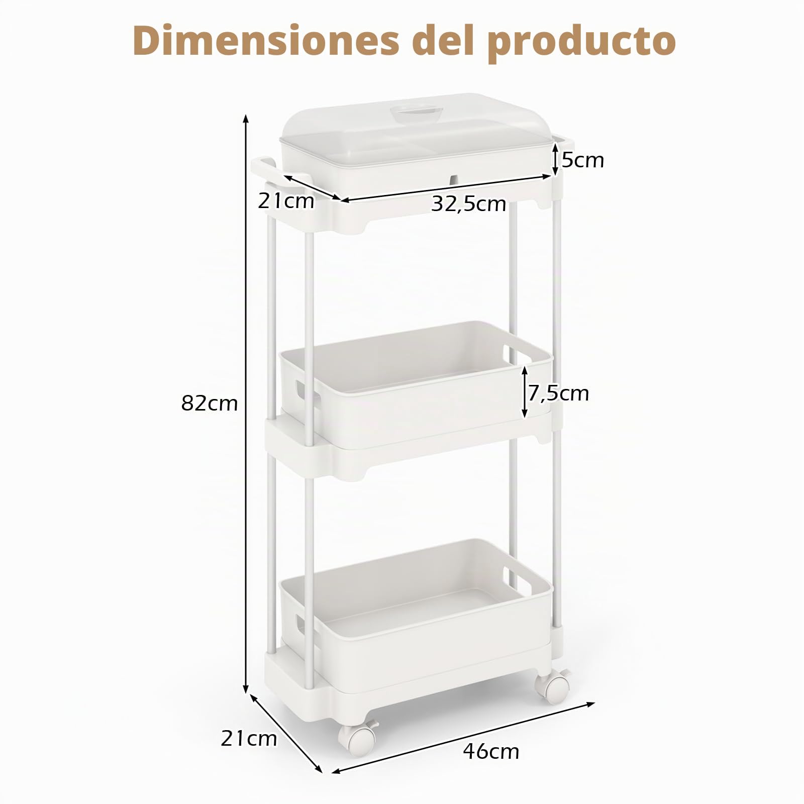 HOMASIS Carro de Servicio con 3 estantes extraíbles, Carrito de Multifuncional con Ruedas bloqueables, Carrito de Almacenamiento de Aluminio con Tapa para salón, Cocina y Oficina, 46x21x82cm, Blanco