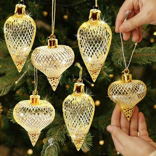 6pcs Gold Christmas Ball Ornaments with Tiny Crystal Diamonds - Rugby-Shaped Wire Mesh Christmas Ornaments Hanging Ball Decorations for Xmas Tree Holiday Wedding Party Home Decor