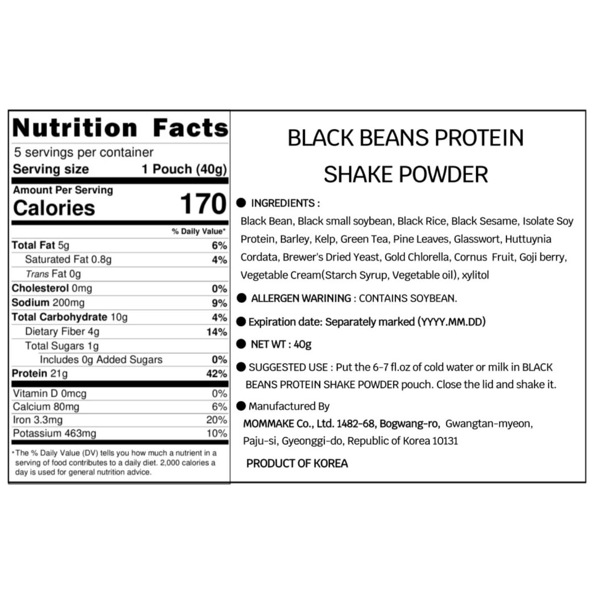 MOMMAKE Black Beans Protein Shake Powder 0.6lb(280g) Black Sesame 21g of Plant Based Protein (280g)