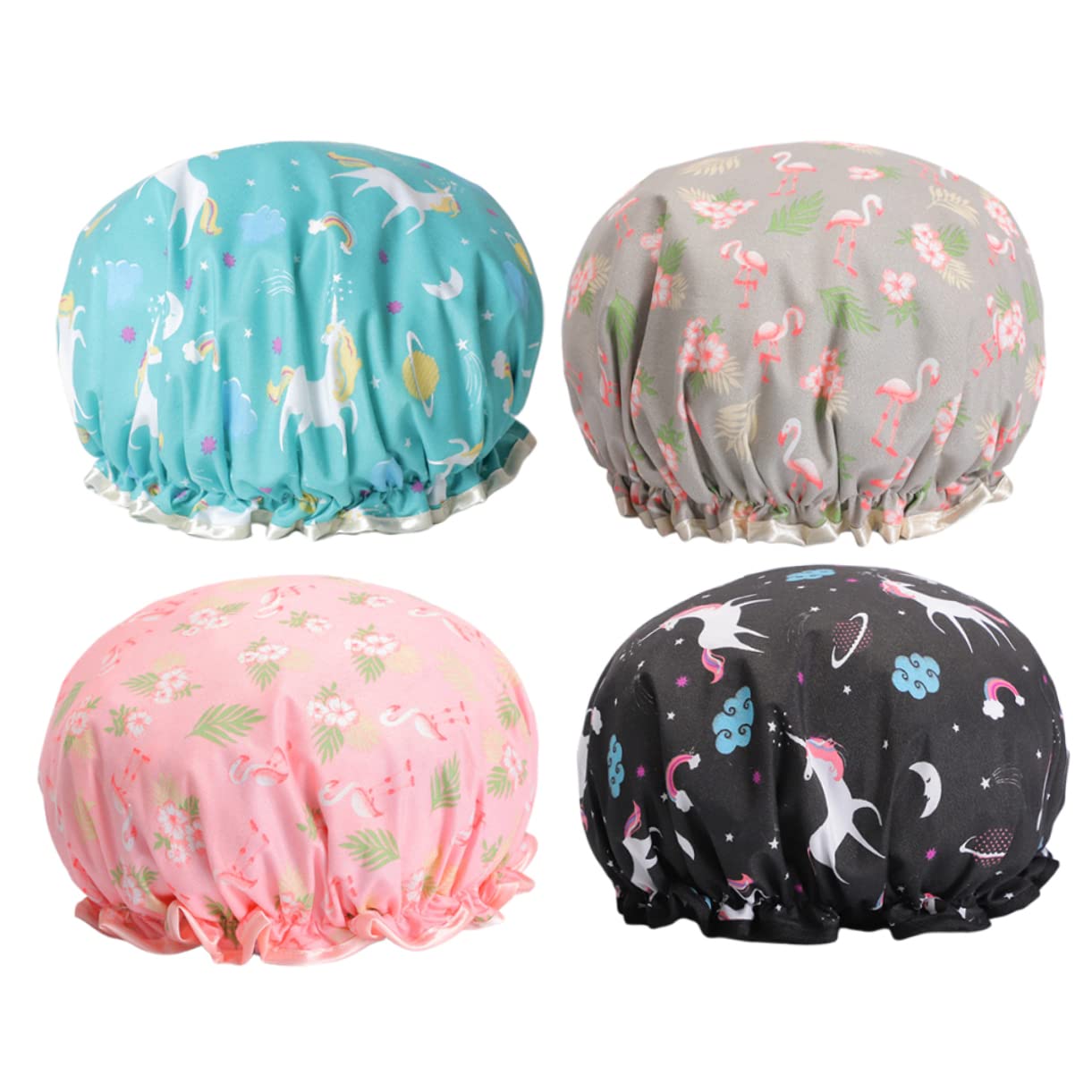 DOITOOL 8stücke Cartoon Duschhauben Doppellagige Elastische Badekappen Für Frauen Für Spa Reisen Und Duschen Flamingo Pegasus Design