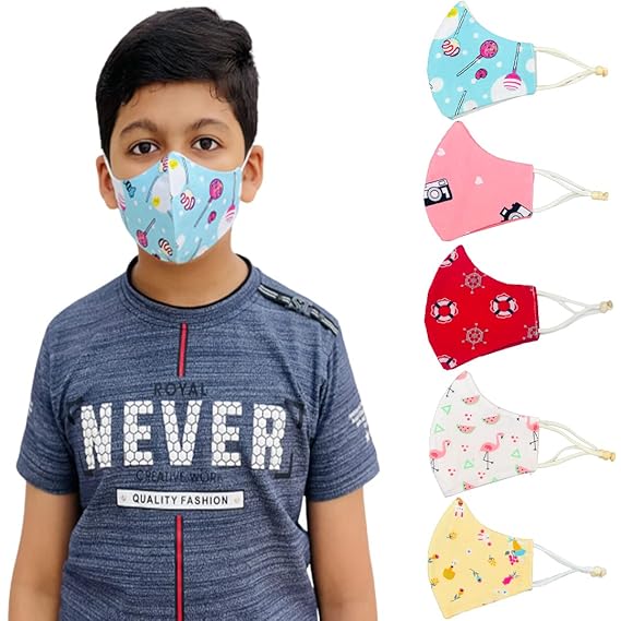 RURIBOSY- 3 Layer Kids Face Mask With Adjustor ? Reusable - Washable Cotton Kids Mask For (3-7) OR (7-12)Years Old Boys & Girls ? Designer Mask For Children (PACK OF 5)