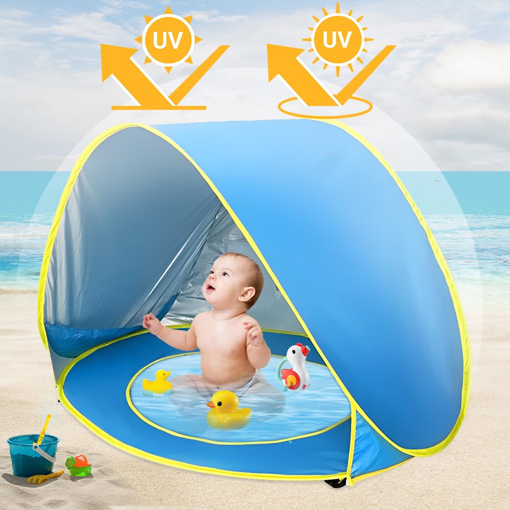 Tente Anti UV Bébé avec Piscine, Afenau 120 * 80 * 70cm Tente de Plage Pop-up, Portabilité Détachable Abri de Plage Bébé pour Jardin, Extérieur