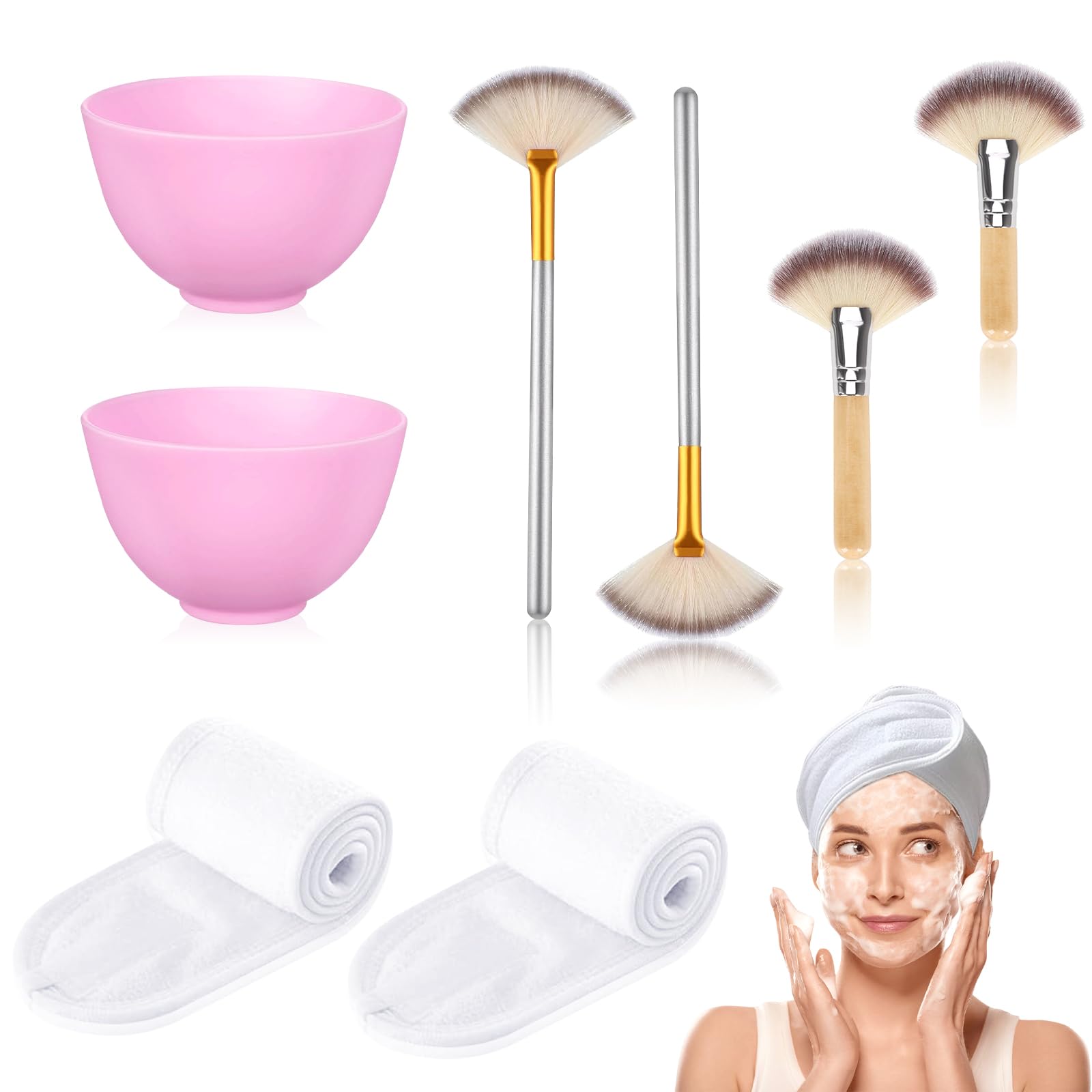 8 Pcs Esthetician Supplies for Facials 2 Facial Fan Mask Brushes 2 Purple Silicone Facial Bowls 2 Spa Facial Headband Velcro 2 Fluffy Fan Brushes