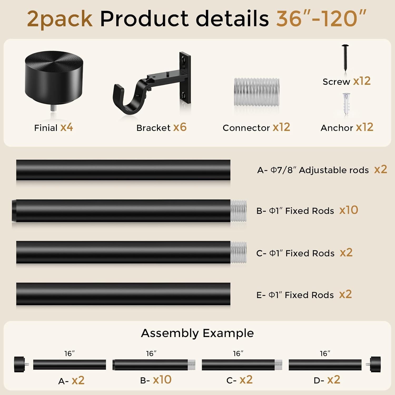 2 Pack Heavy Duty Curtain Rod 34 to 124 Inch, Black 1 Inch Adjustable Long Curtain Rods for Windows, Decorative Window Treatment Rods with Modern Solid Aluminum Finials, Easy Installation