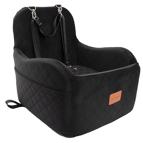 Lealchum Dog Booster Car Seat for Small/Medium Dogs Up to 35lbs,Elevated Cushion Fits in Front/Back Seat,Fully Detachable and Washable,2 Storage Pockets & Dog Leashes,Easy to Install(Black,Medium)