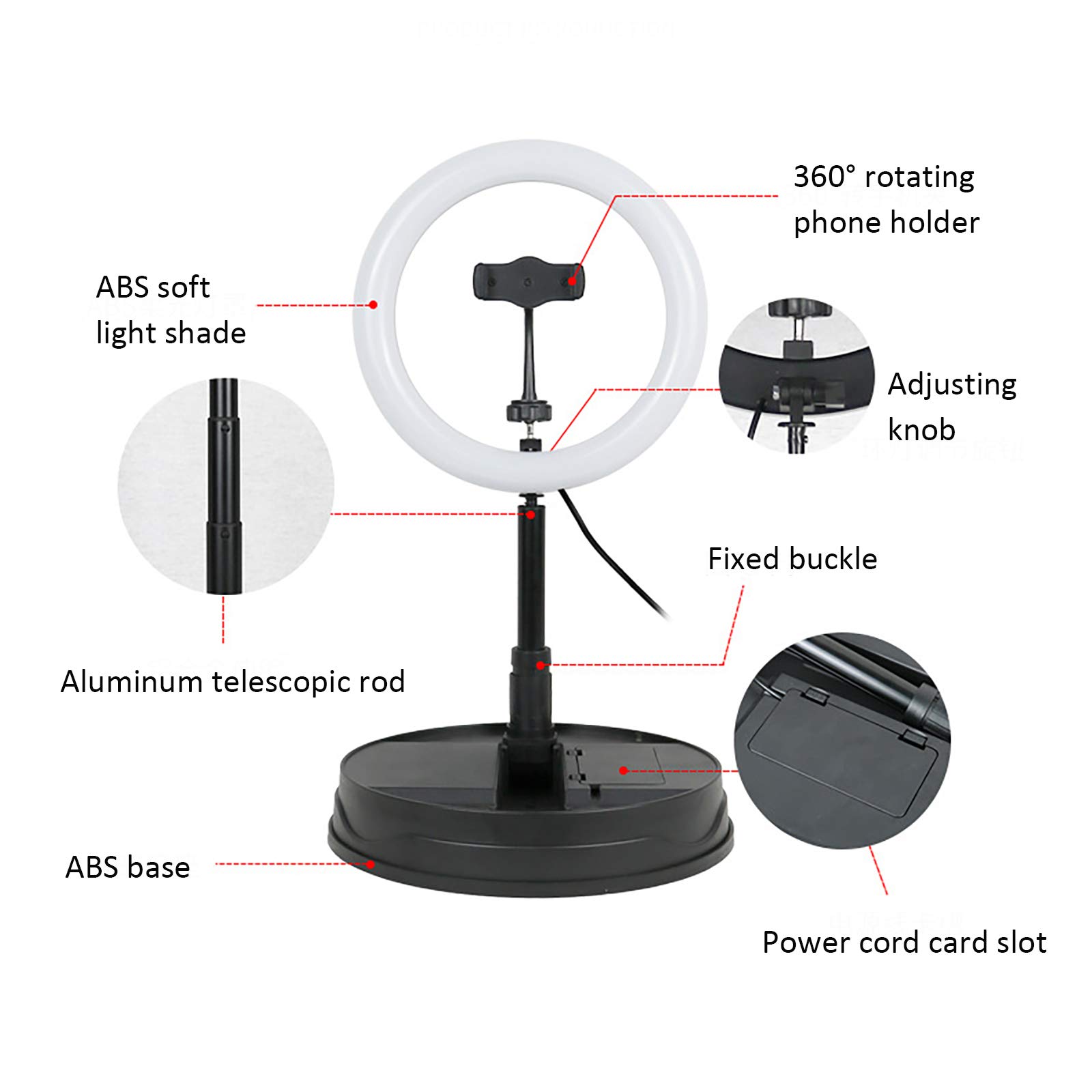 10-en Selfie Anillo de luz, Luz del Anillo portátil con Soporte Extensible y Soporte para teléfono, Iluminación del Stand Plegable para la fotografía de vídeo en Vivo y Maquillaje,Negro