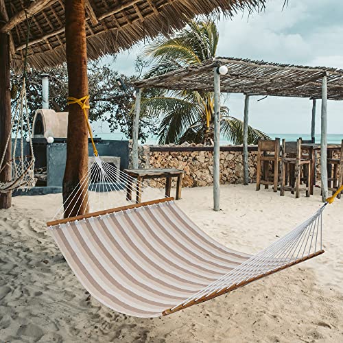 Lxoohy 12Ft Quick Dry Two Person Patio Hammock, Textilene Double Size Outdoor Hmmocks For Adults Outside 440Lbs Capacity Spreader Bar Hammock With Chains And Steel Hooks, Beige Stripe #TOP5