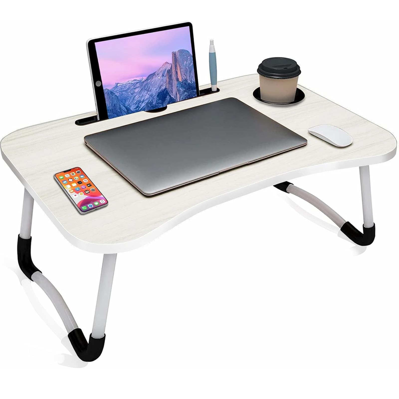 Ntek White Laptop Desk, Laptop Bed Table With Foldable Legs & Cup Slot, Tablet Holder, Breakfast Tray, Portable Lap Desk For Sofa, Bed, Couch, Reading & Writing, Watching Movies (White)