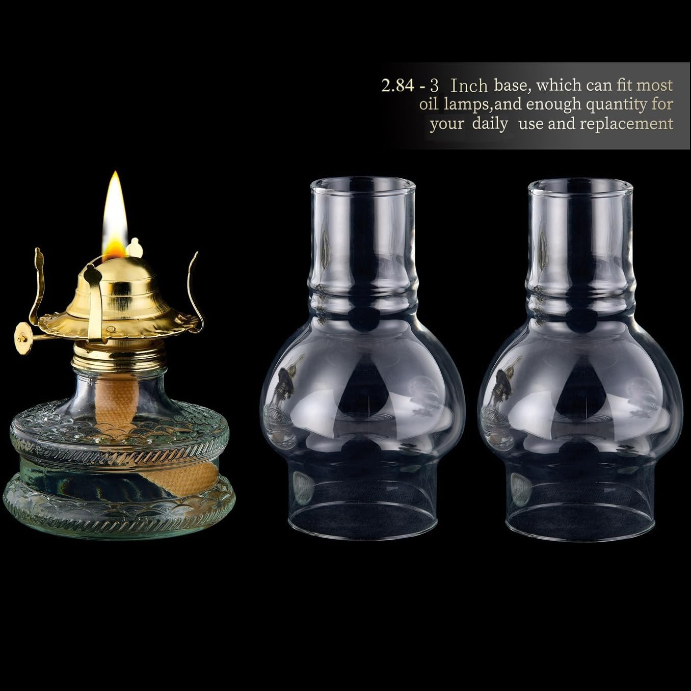 Oil Lamp Chimney Replacement,3 Inch Base x 6.4 Inch Tall Kerosene Lamp Globe,Clear Glass OilLamp Globe,Hurricane Lamp Globes Shade Cover,Glass Chimney For Oil Lamps For Indoor Use Parts（2 Packs）