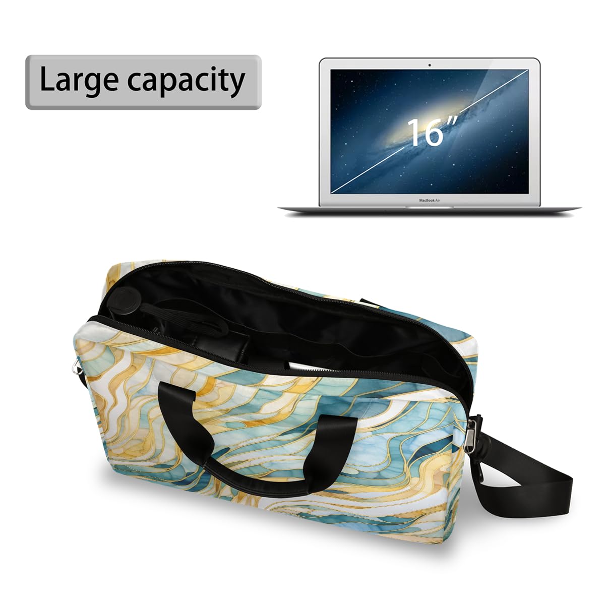 Borsa per computer portatile da 15,6 pollici turchese verde oro linea marmo custodia per laptop impermeabile borsa a tracolla per donne uomini, Nero