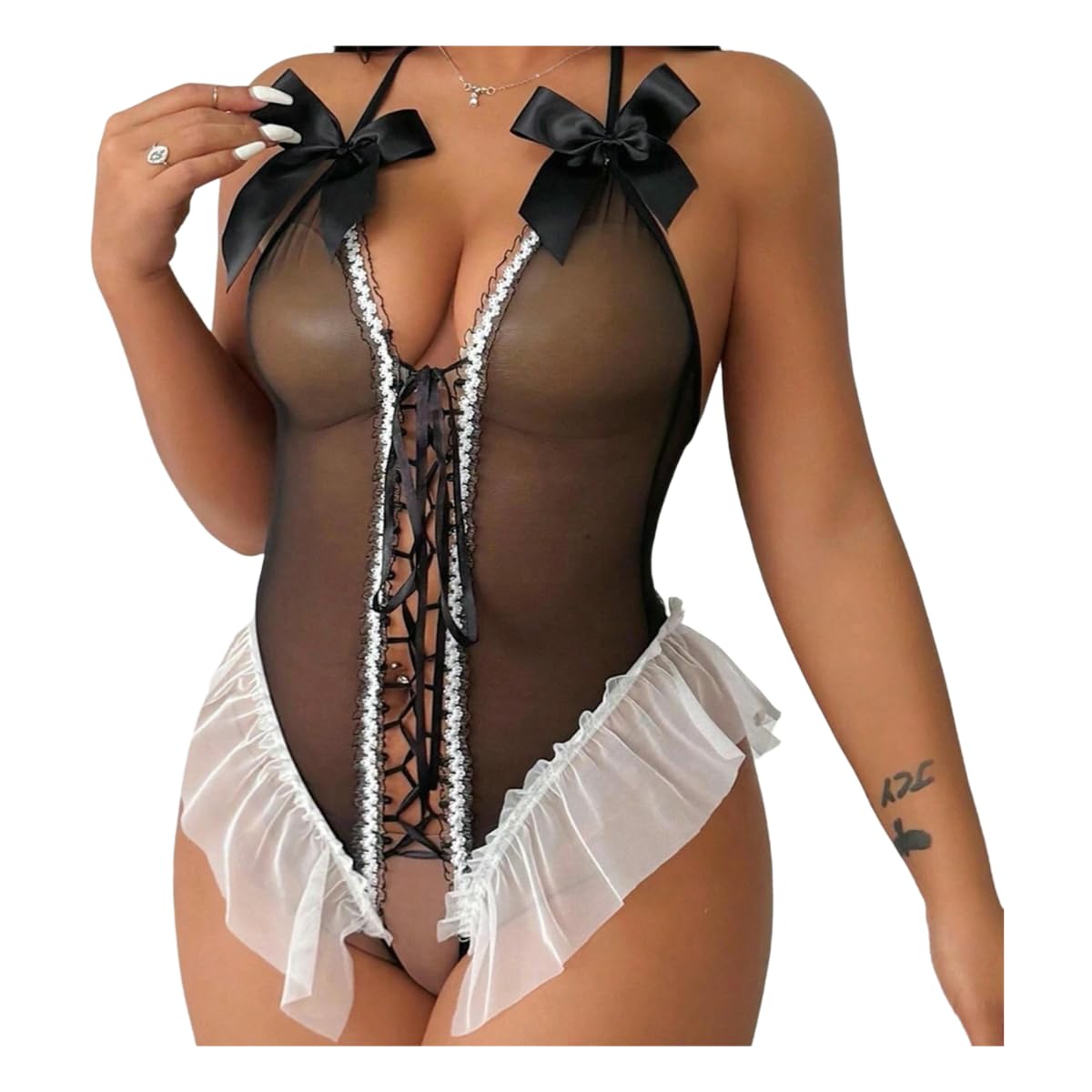 Lingerie tentation d'uniforme sexy en ensemble de bodys d'entrejambe ouvert noir taille XL pour femme