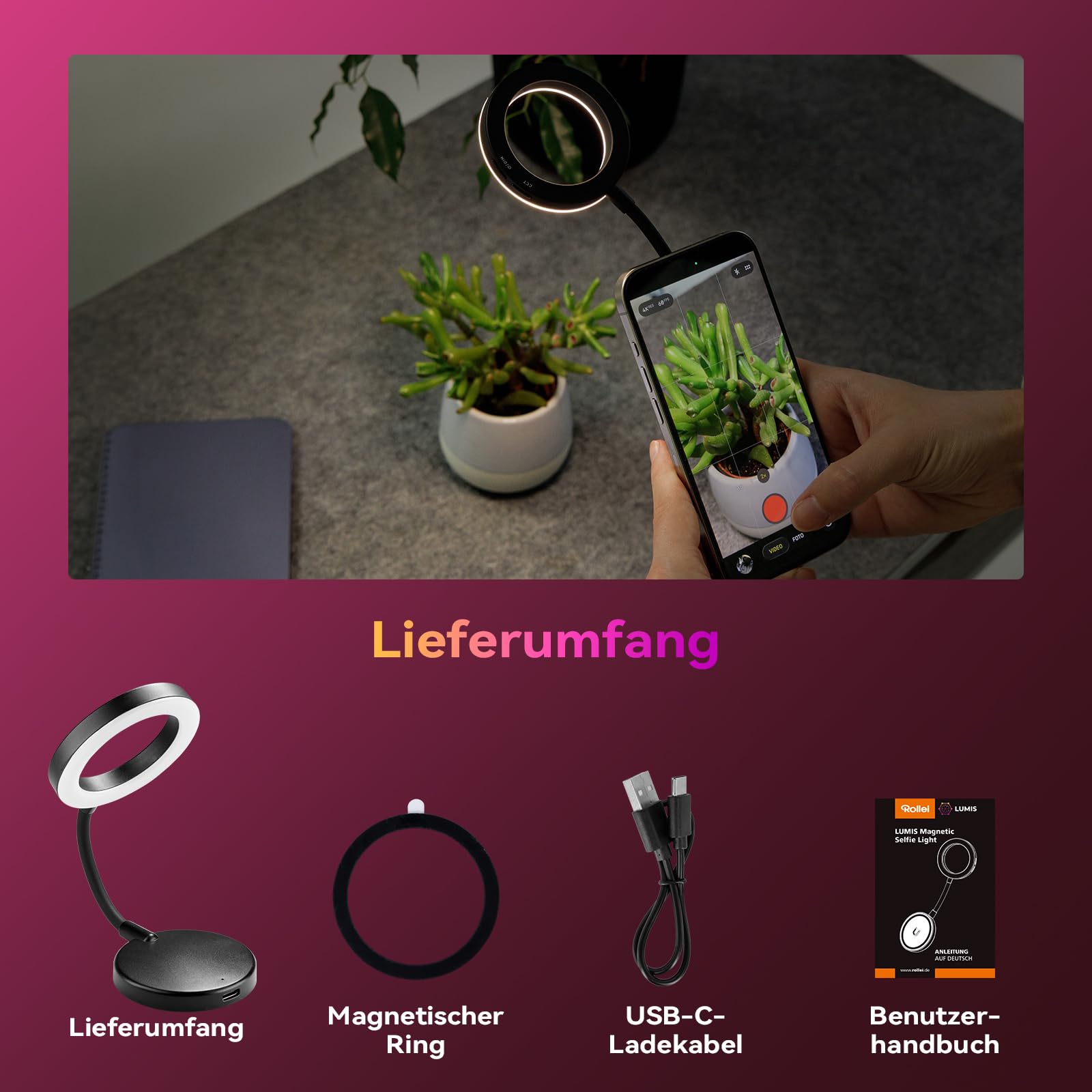 Ringlicht Handy, Rollei Magnetische Selfie Light Kompatibel mit iPhone Android Smartphone Tablet Laptop, Klein Flexible Licht für Streaming TikTok Webcam Zoom Vlog, Selfie-Licht-Handy-Led-Ringlicht