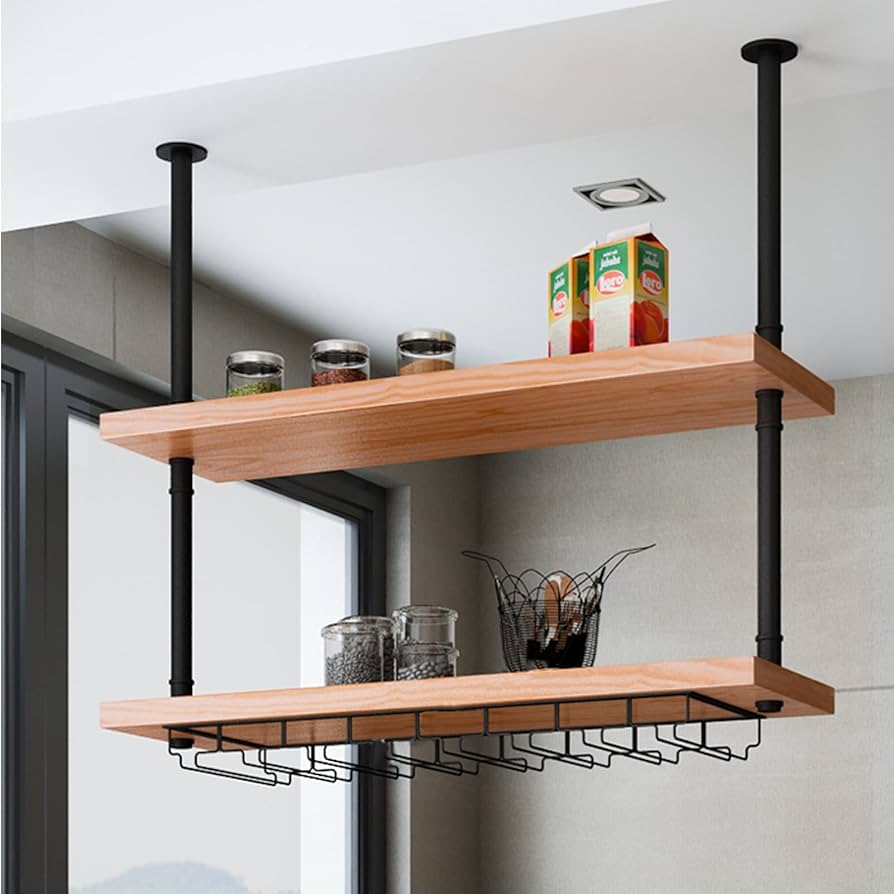 Amazon｜天井棚、キッチン吊り下げ式2段収納ラック、電子レンジ、鍋