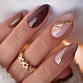 Almond Press on Nails Medium Fake Nails Gold Line Marble Texture Design Stick on Nails Glossy Brown False Nails Full Cover Artificial Acrylic Glue On Nail for Women Nail Art Decoration 24Pcs