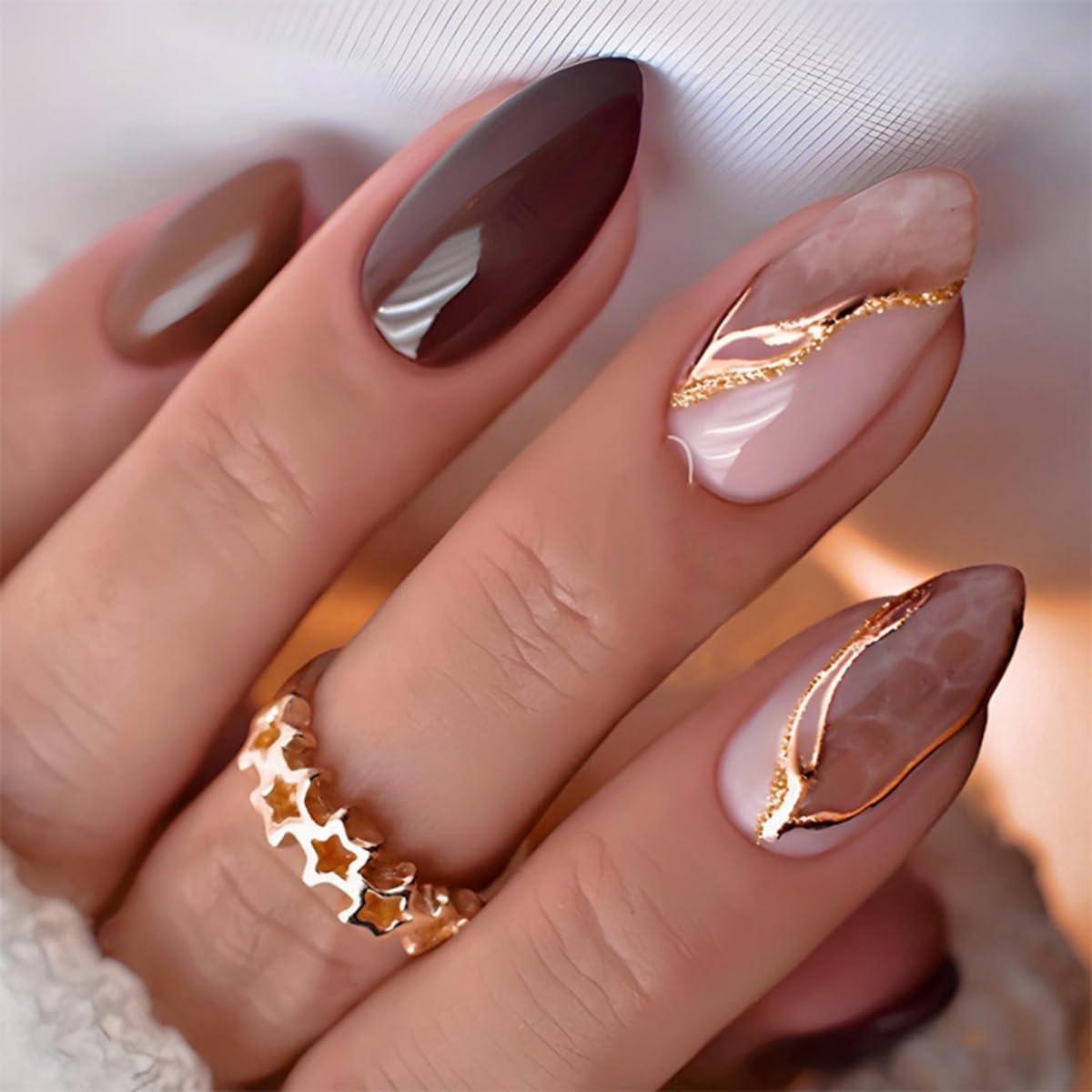 Almond Press on Nails - Glossy Brown Marble Design