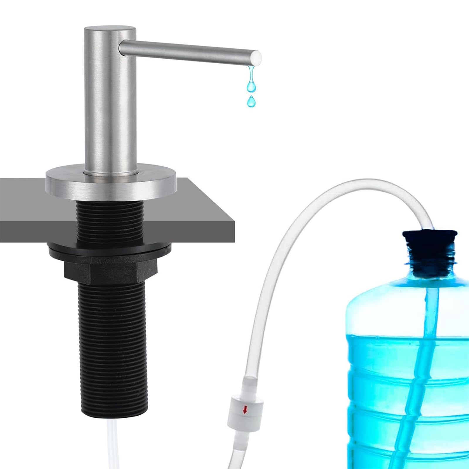 Brushed,Dispenser di Sapone da Appoggio per Lavello Cucina, Dispenser di Sapone in Acciaio Inox da Incasso con Flacone da 500 Ml E Kit Tubo di Prolunga da 57 Pollici (Circa 145 Cm)