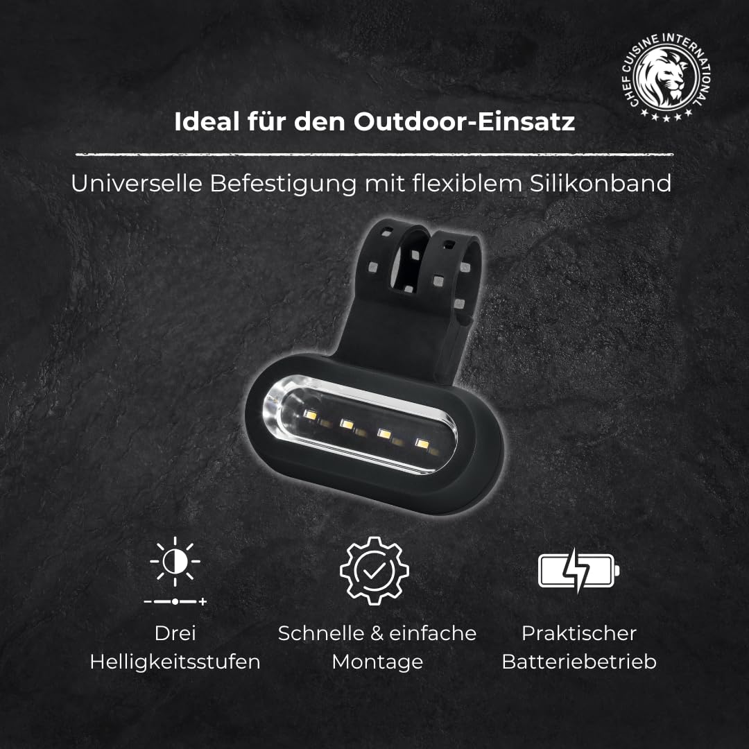 Chef Cuisine Grill Licht LED – Grill Beleuchtung mit drei Helligkeitsstufen, batteriebetriebene Kunststoff Grill Lampe, universelle Befestigung mit Silikonband, 4 LEDs, Leuchtdauer bis zu 18 Stunden