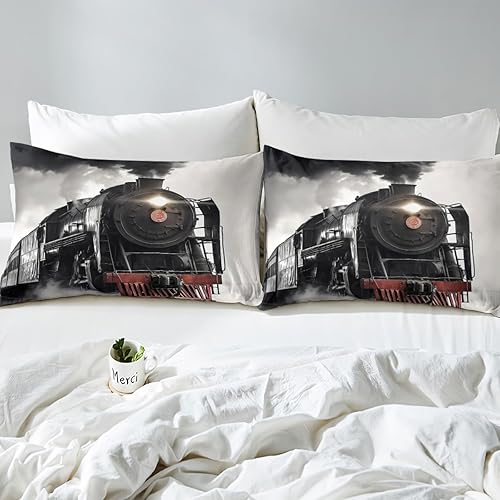 Miniatura 6 de Erosebridal Juego de sábanas de tren de vapor 3D, sábanas retro para vehículos de vías de ferrocarril, sábana bajera ajustable vintage estilo