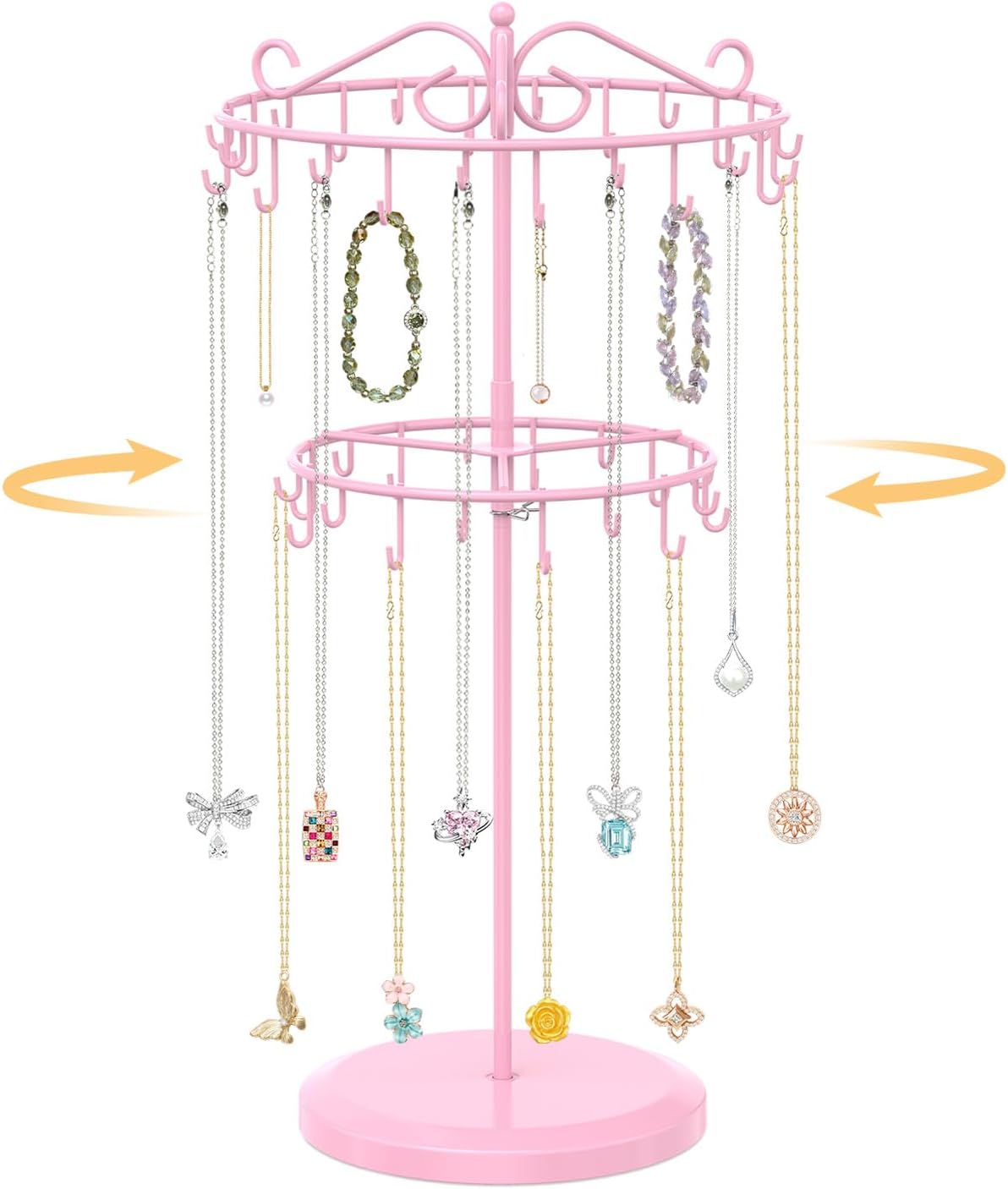 EsLuker.ly Necklace Holder Organizer Rotating Display Stand, 2 Tier Adjustable Height Necklaces Hanger Tree Tower with 42 Hooks, Metal Tall Jewelry Bracelet Storage Rack for Women Vendors Sell, Pink
