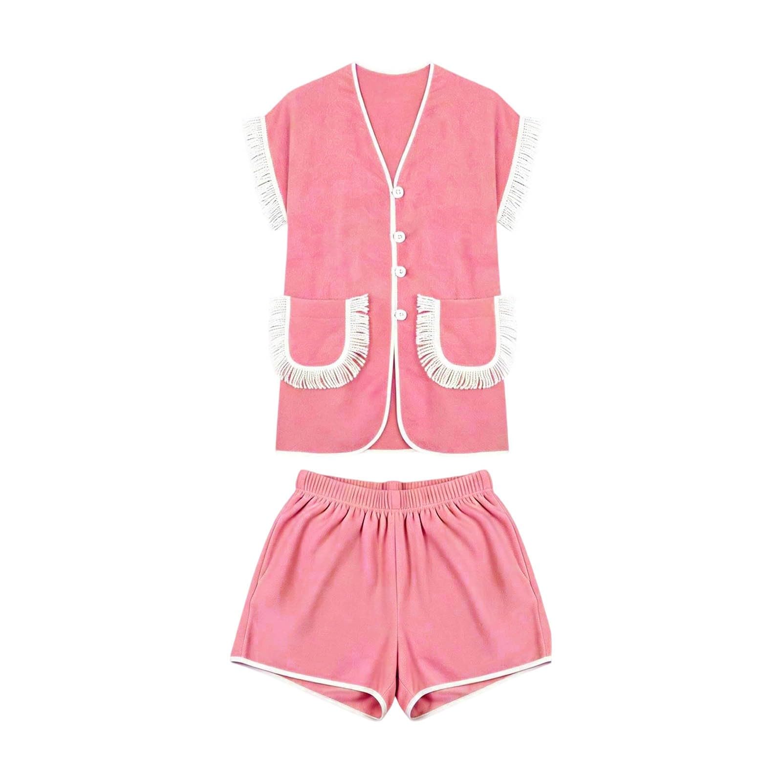 Générique Pyjama Femme Short Ensemble Été - Deux Pièce Ensemble De Pyjama À Frange Comprend Manche Courte Un Short Tenue Léger Respirant Confort Pyjama Mode Décontracté Boutonnée Vêtement avec Poche
