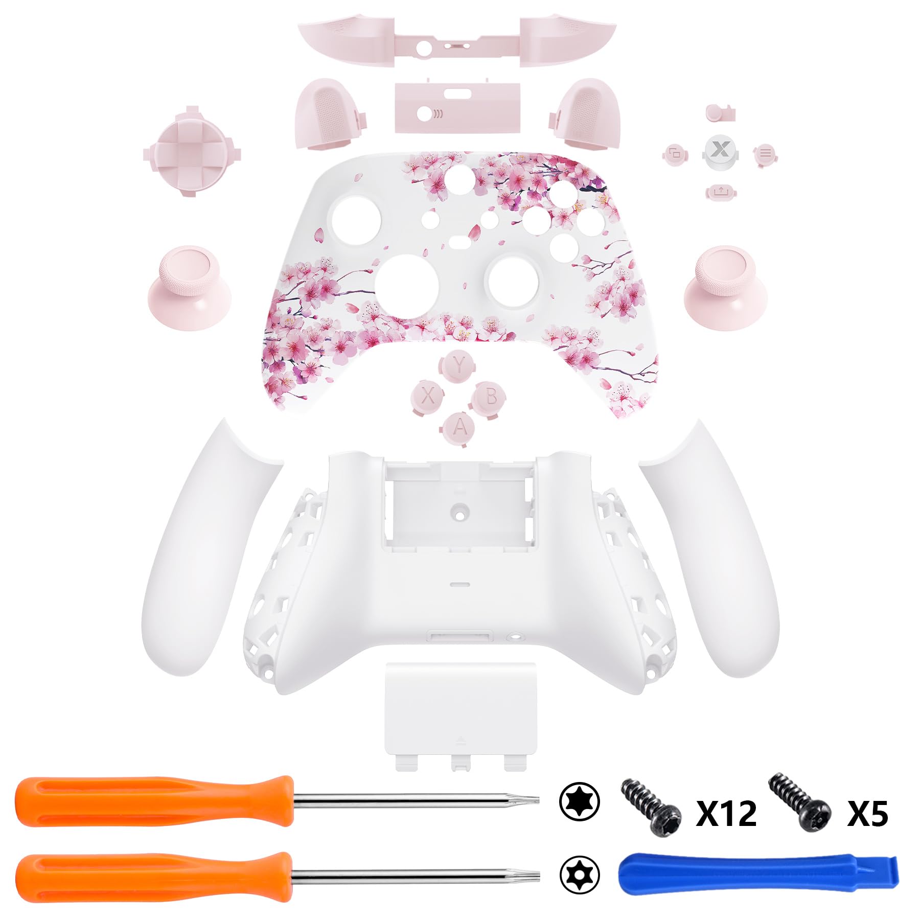 eXtremeRate Coque de Remplacement avec Bouton Complet pour Xbox Series X/S, Coque Avant Arrière avec Bouton Customisé pour Xbox Series X/S Manette, Murmure de Fleur de Cerisier