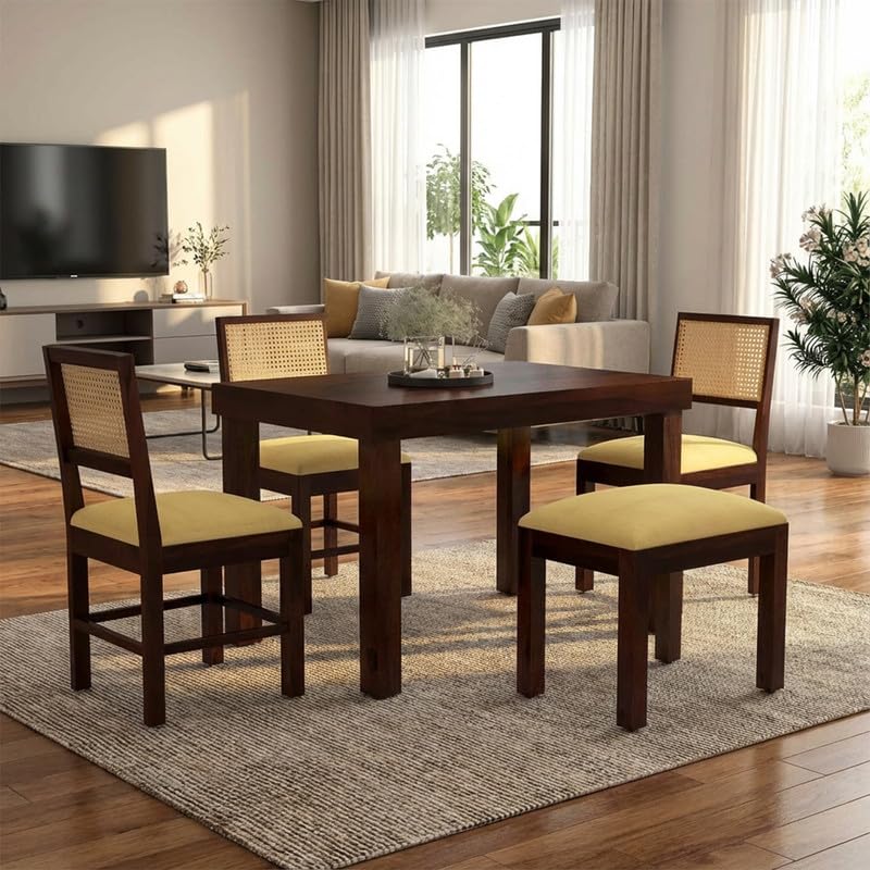 Image of Furniture Solid Sheesham Wood 4 Seater Dining Table Set with 3 Cushioned Chairs and Bench | Wooden Four Seater Dinner Table Set for Living Room, Kitchen, Dining Area and Home (Walnut Finish)