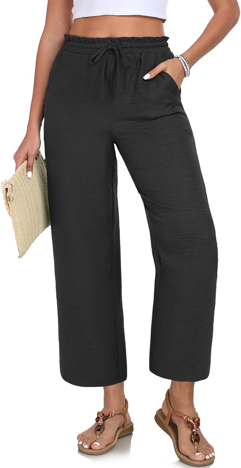 Women Casual Loose High Waist Cropped Palazzo Beach Pants