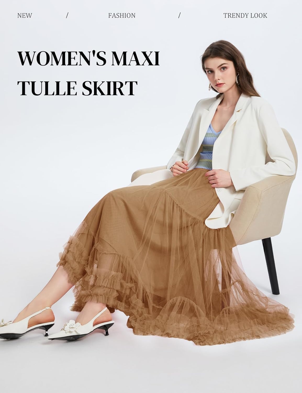 Flygo Women's Maxi Tulle Skirt Long Tiered A Line Mesh Tutu Fairy High Elastic Waist Pleated Layered Skirts