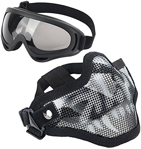 LAOSGE Airsoft Mask,Mesh Half Face Skull Set with UV 400 Anti Fog Goggles