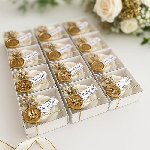 Miniatura 4 de White Rose Petal Soy Wax Candles in Bulk - Scented Wedding Favor, Bridal Shower Baby Shower Birthday Gift - Dried Flower, Wax Stamp (90 Pieces)