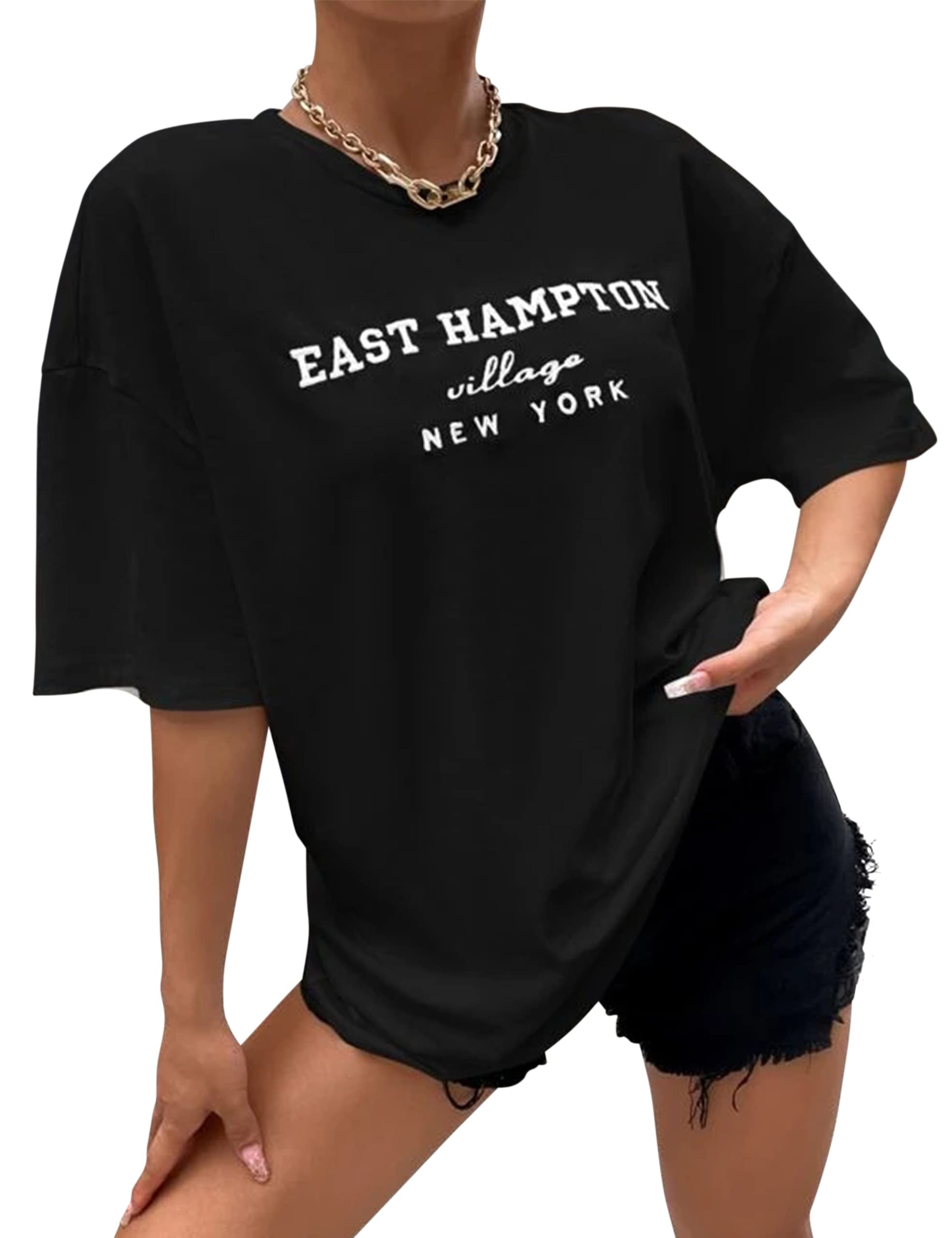 LauweionWomen Drop Shoulder East Hampton Letter T-Shirt Oversized Graphic Baggy Trendy Tee Shirt Top