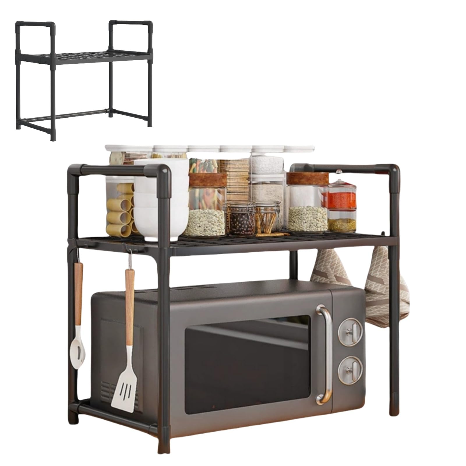 Allungabile Mensola Microonde,Salvaspazio Supporto Per Forno A Microonde,griglia Per Forno,Scaffale Cucina Con Ganci,Mensola Cucina Per Mettere Piatti E Ciotole (Nero)