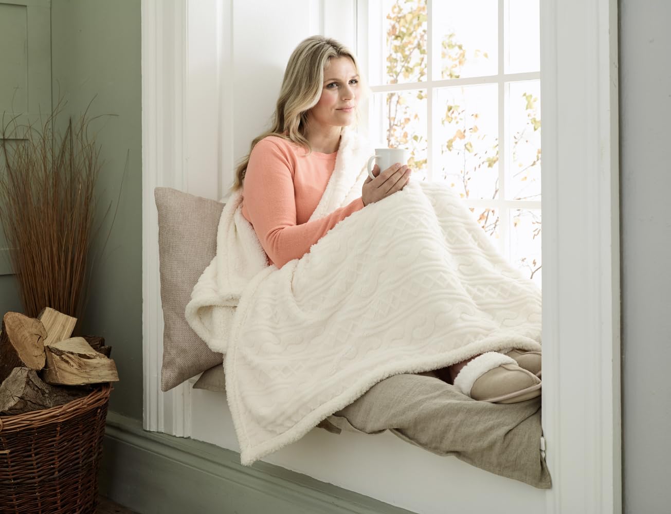 Deyongs Heated Throw Blanket - Cable Knit Sherpa Electric Blanket 140x180cm Cream Polyester