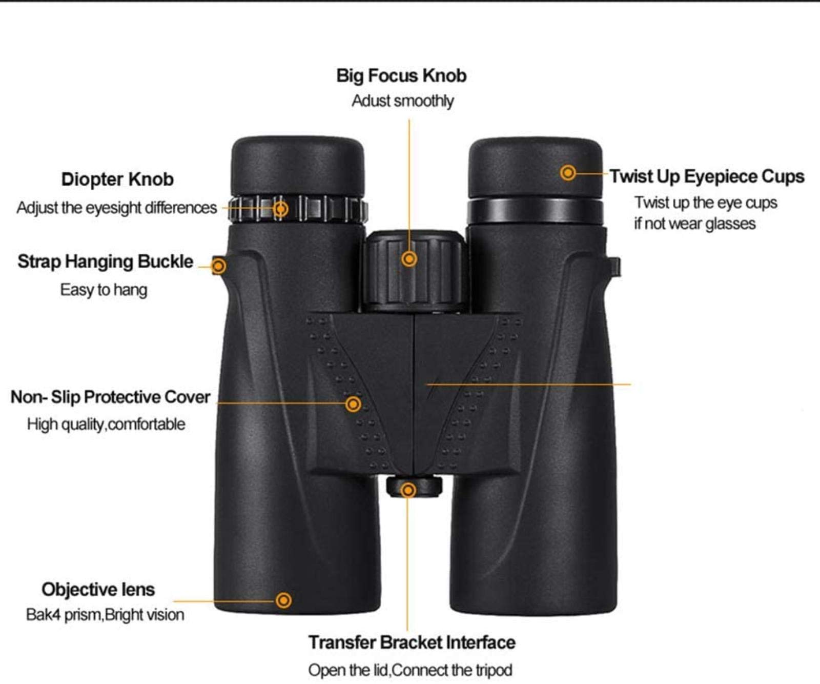 Binocolo 8X42 Impermeabile da Campeggio, telescopio con Zoom Bak4, Ottica con Prisma e Cinturino, Nero